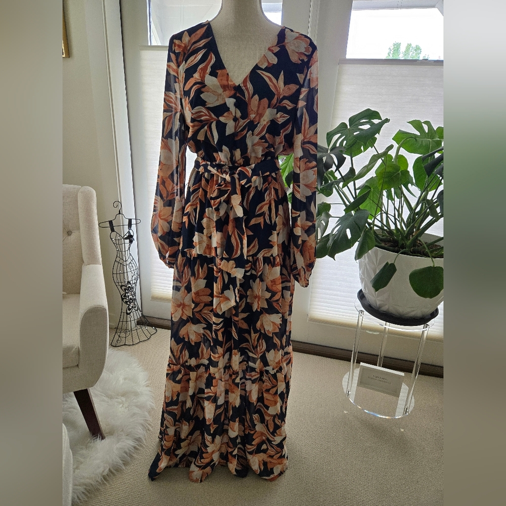 Navy and Terra Cotta Floral Maxi Dress with Long Sleeves